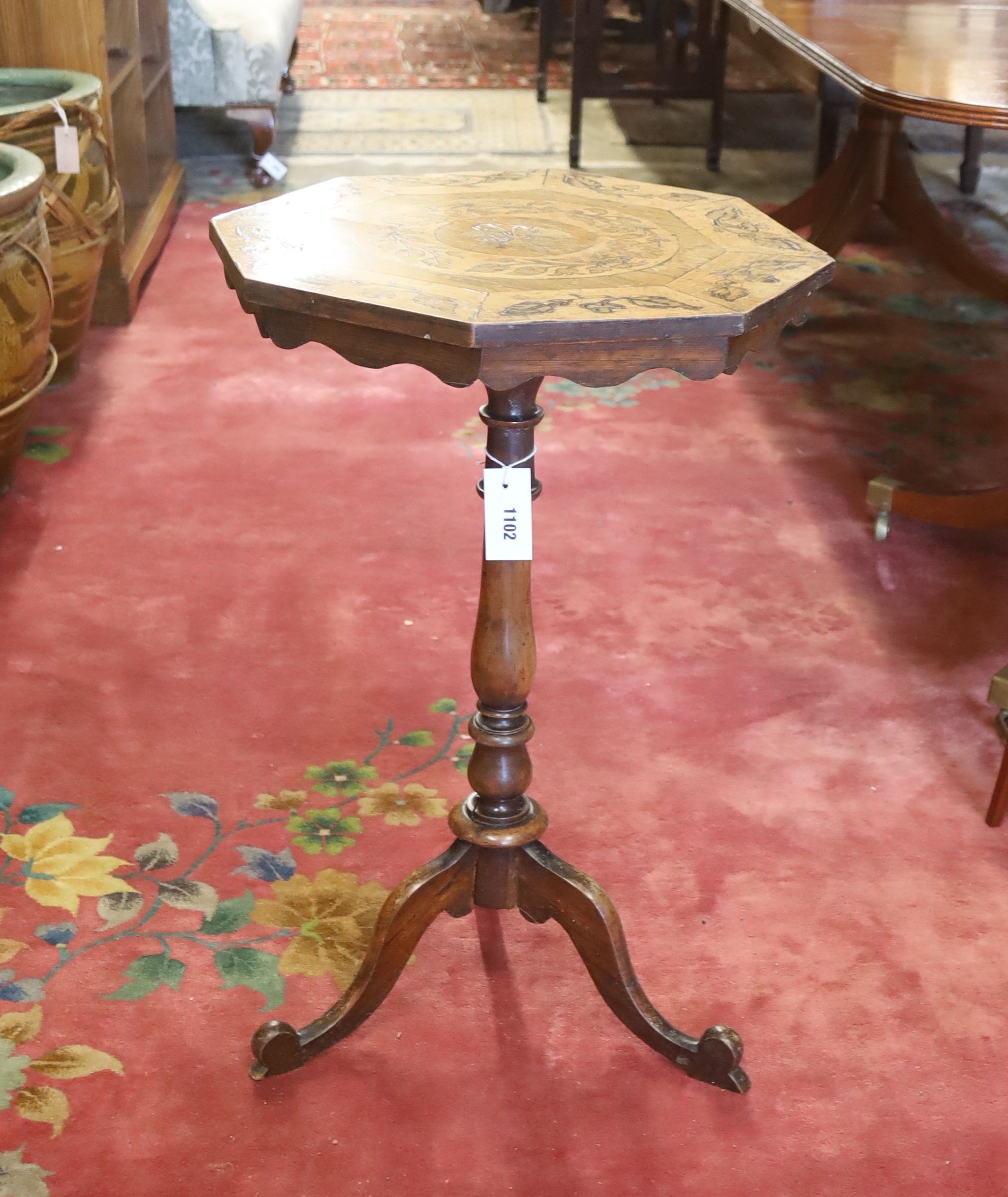 A Victorian inlaid rosewood octagonal marquetry tripod wine table, width 43cm, height 68cm